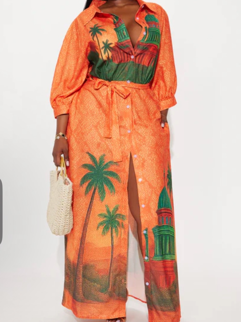 Vibrant Orange Tropical Button-Down Maxi Dress